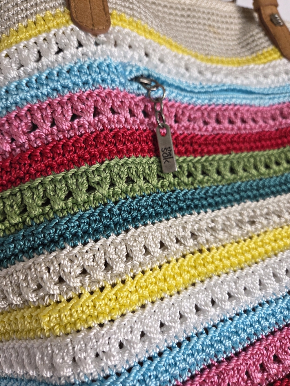 The Sak Rainbow Stripe Crochet Shoulder Bag Multicolor Tote Purse Zipper Close - Picture 7 of 13